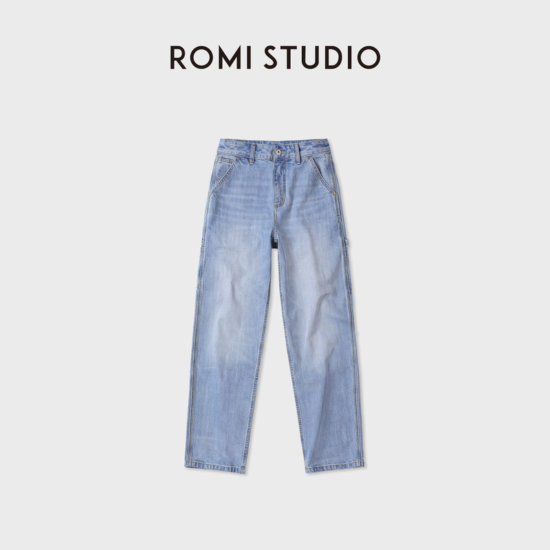 Romi Studio “American Retro” Distressed Washed Cotton Light Blue Workwear Jeans Rwdrx83910 Romi Studio “American Retro” Distressed Washed Cotton Light Blue Workwear Jeans Rwdrx83910