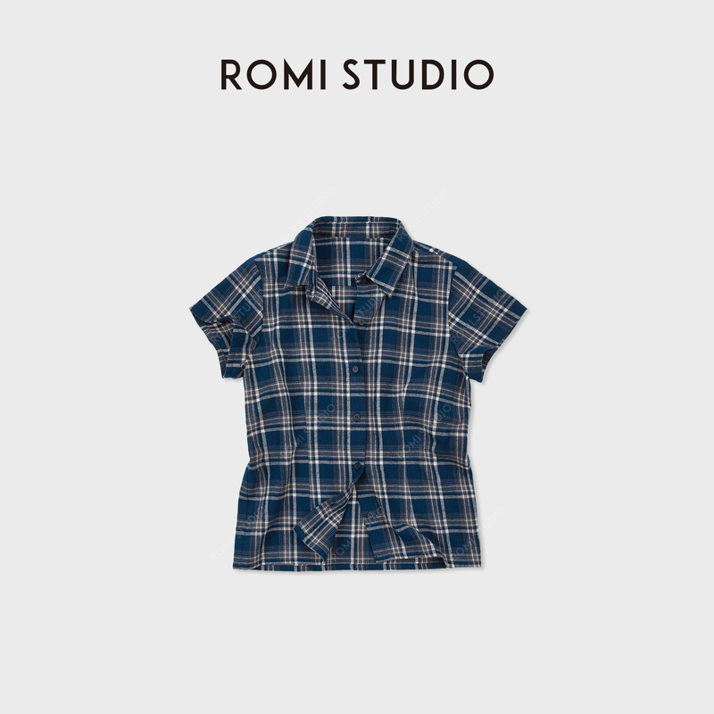 Romi Studio Plaid Shirt, All-Cotton Brushed Retro Texture, Waist-Cinching Short-Sleeved Shirt Rwdss61712