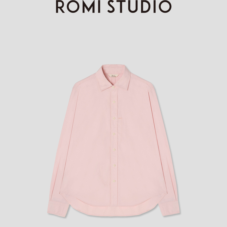 Romi Studio Pure Cotton Mid-Length Retro Sand-Washed Pink Slightly Wrinkled Lapel Shirt for Women Rw24Ssd0408