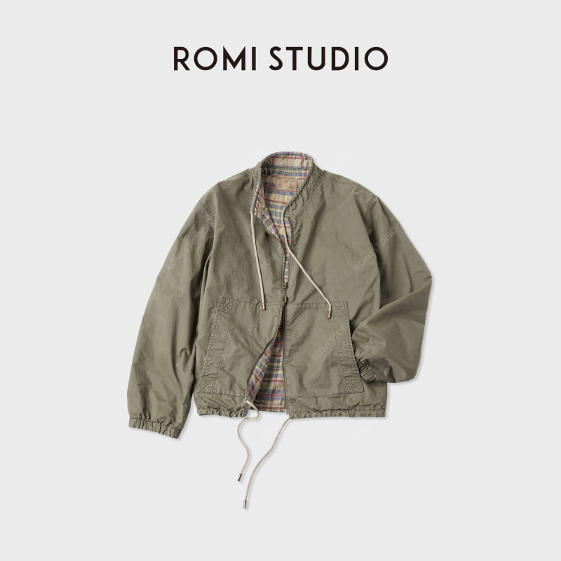 Romi Studio “Casual Vintage” Reversible Color-Blocked Distressed Washed Stand-Up Collar Jacket Rwcawy5258