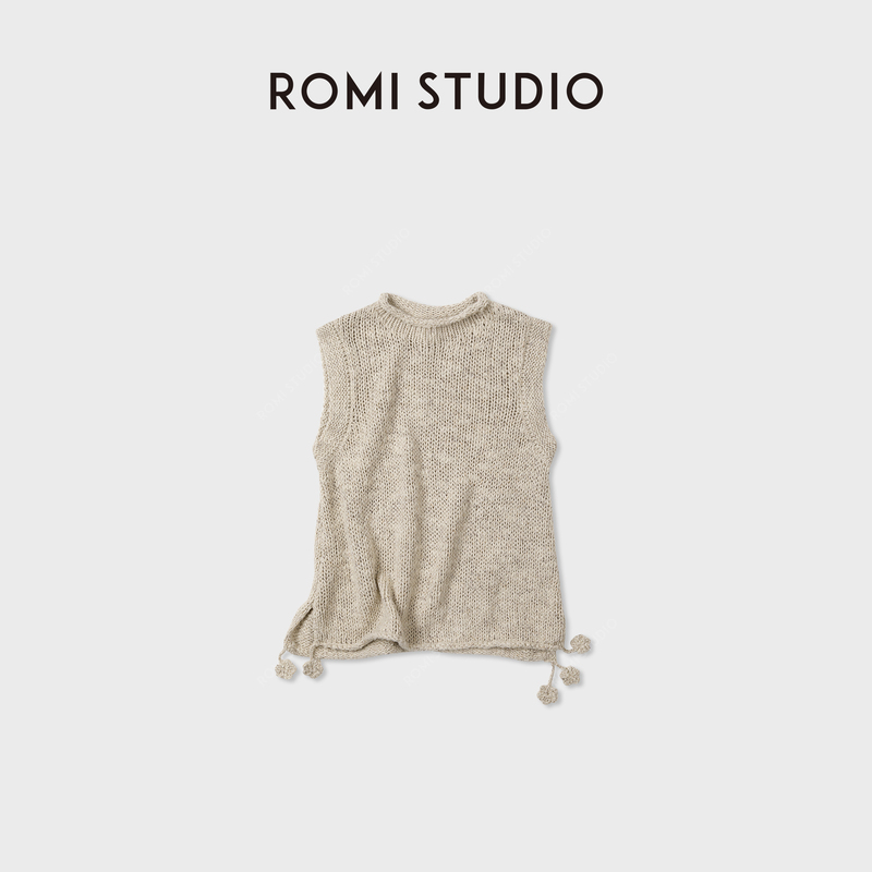 Romi Studio Simple Old Money Linen Blend Hand-Knitted Rolled Edge Hollow-Out Vest Rwdsst3349
