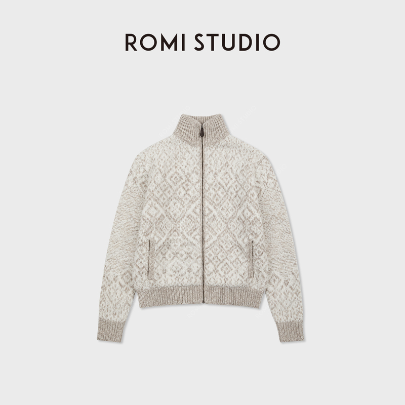 Romi Studio Winter Relaxed Wool Loop Yarn Fair Isle Argyle Knit Jacket Rwcawu6907 Romi Studio Winter Relaxed Wool Loop Yarn Fair Isle Argyle Knit Jacket Rwcawu6907