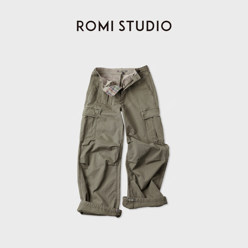 Romi Studio American-Style Workwear Multi-Pocket Plain Color-Block Loose Low-Rise Cargo Pants Rwcaxy5149
