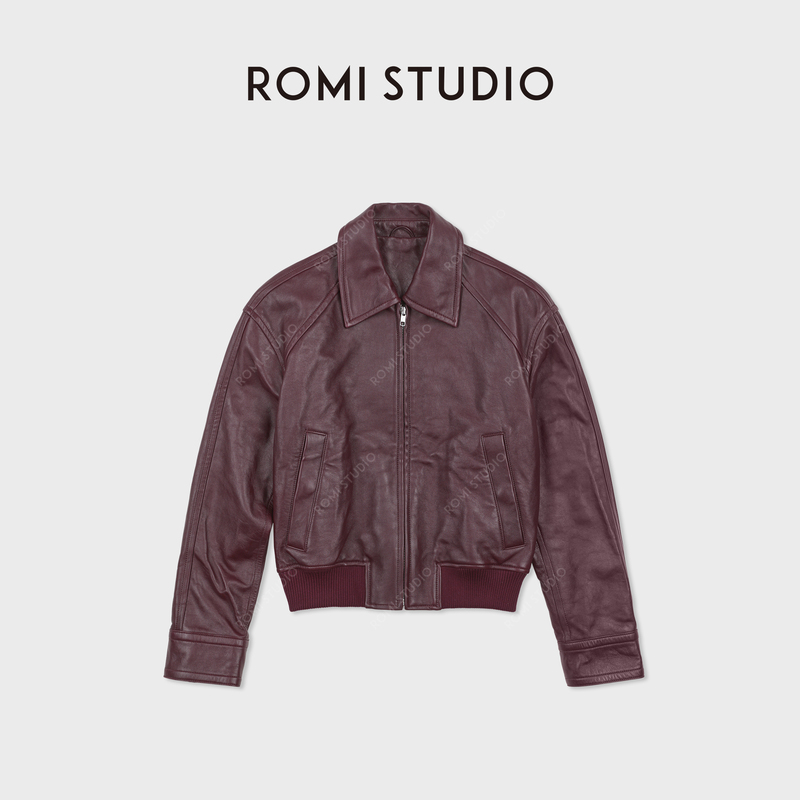 Romi Studio Airport Leather Jacket with Delicate Texture, Sheepskin Raglan Sleeve Jacket Version Rwcawu7290