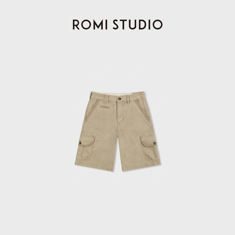 Romi Studio "Retro Workwear" Cotton Vintage Distressed Khaki Work Shorts Rwdsx82642