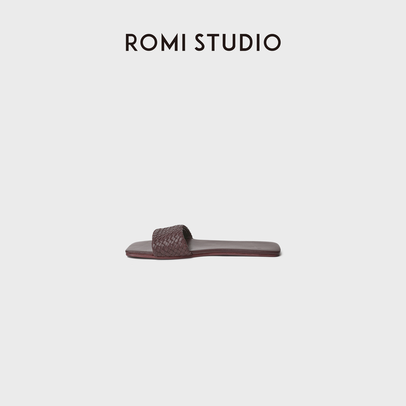 Romi Studio Hand-Woven Lambskin Slippers Burgundy Flat Sandals Rwdrp35326