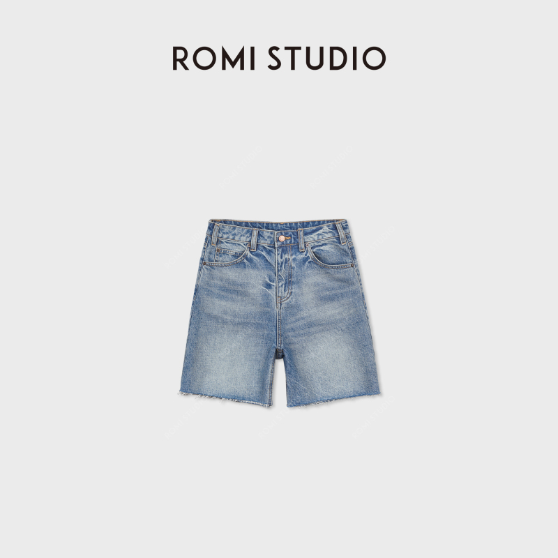 Romi Studio Distressed Denim Xinjiang Cotton Washed High-Waisted Five-Point Denim Shorts Rwdsx83131