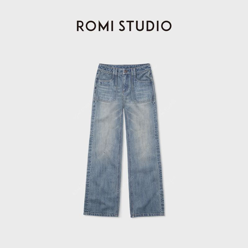 Romi Studio Peach Heart Denim Washed Stone-Washed American High-Waisted Drape Denim Pants Rwcax87047 Romi Studio Peach Heart Denim Washed Stone-Washed American High-Waisted Drape Denim Pants Rwcax87047