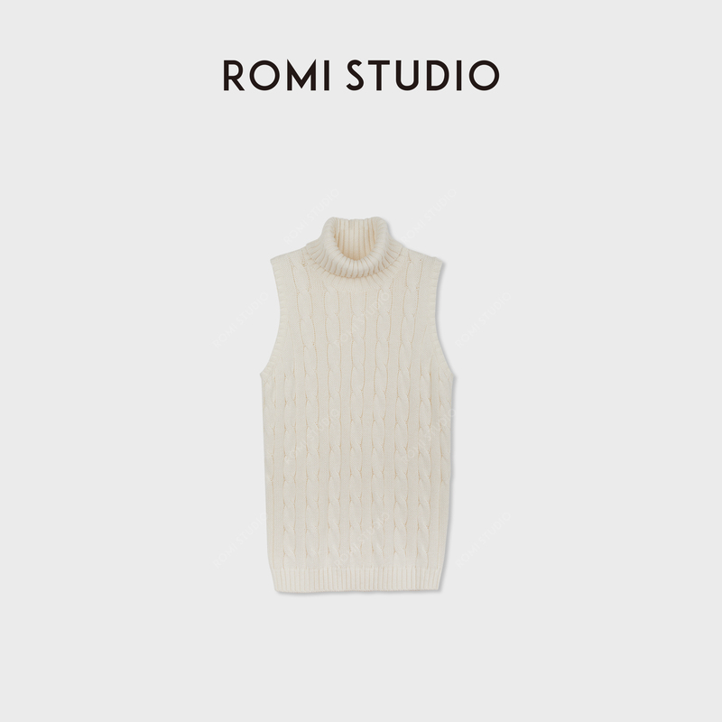Romi Studio Wool Cable Knit Stretch Slim Fit Retro Half Turtleneck Sleeveless Vest Rwdss63097