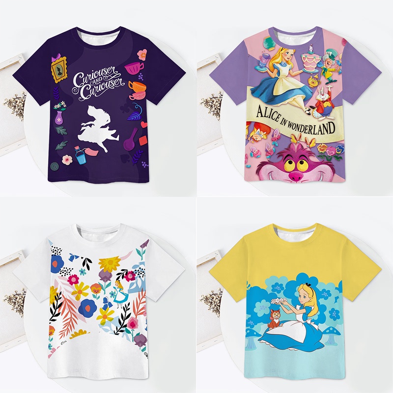 Alice in Wonderland Wonderful Cat Little Oyster Round Neck Short Sleeve Cartoon Cute Full Color T-Shirt