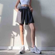 Loose sports shorts cross high waist fitness middle pants A word version leisure training five-point pants size running womens pants