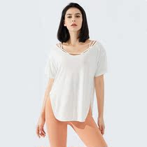 Loose sports short sleeve thin yoga top sexy round neck running T-shirt long gym suit side fork