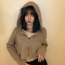 High waist short Dew Navel Sports Jacket Loose 100 Lap Zipper Even Cap Yoga Hood Sexy Fashion Gym Cardiovert