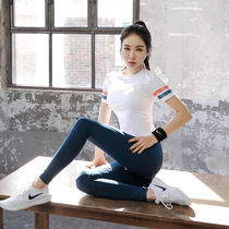 Training and fitness two-piece elastic slim sports short sleeve t-shirt high waist waist mesh breathable fitness pants women