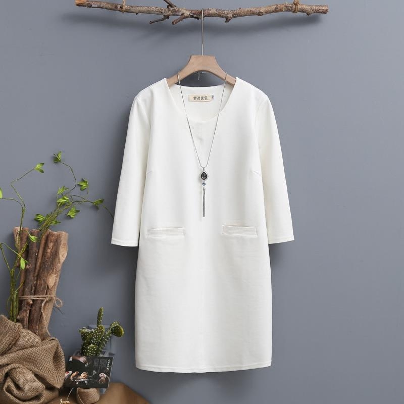 European and American Style Spring and Autumn Roman Cotton Straight Dress, Slimming Round Neck Pullover Elastic Knit Mid-Length Base Dress for Women