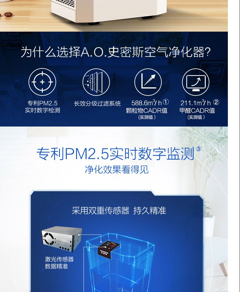 AO Smith KJ540 Ngoài máy lọc không khí gia đình theo dõi kỹ thuật số theo thời gian thực bằng sáng chế PM2.5 may loc khong khi