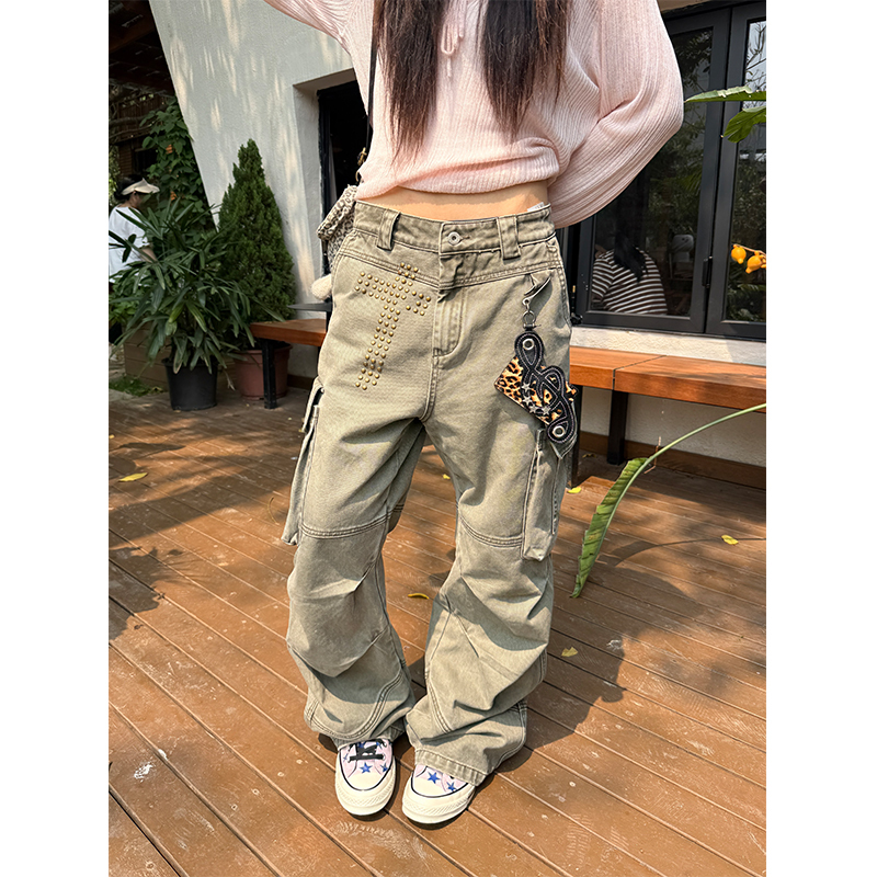 Cgga American-Style Cross-Stitched Rivet Multi-Pocket Cargo Pants for Men and Women, Street Style Loose Casual Versatile Straight-Leg Trousers