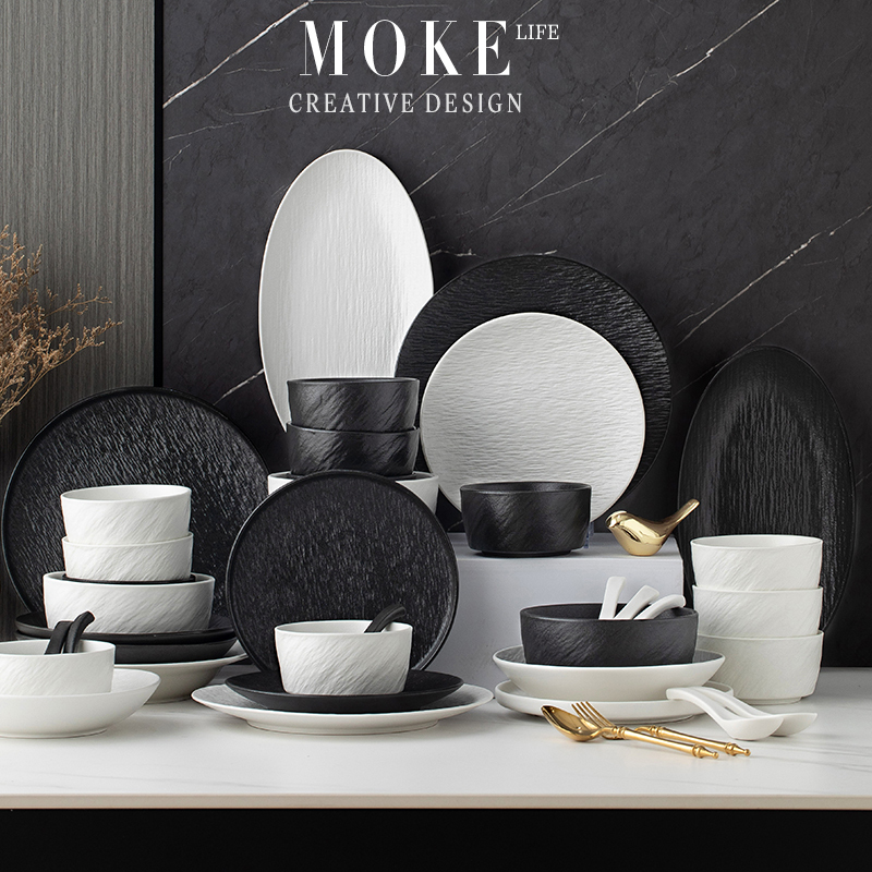 Jingdezhen High-Temperature Ceramic Black and White Stone-Patterned Ceramic Tableware Set for Home Use, Bowls, Plates, High Aesthetic Underglaze Bowls