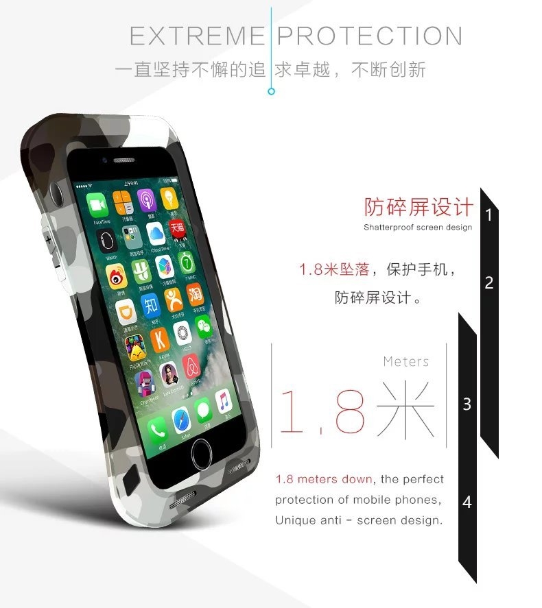 LOVE MEI Powerful Camo Series Small Waist Water Resistant Shockproof Dust/Dirt/Snow Proof Aluminum Metal Outdoor Gorilla Glass Heavy Duty Case Cover for Apple iPhone 7 Plus & iPhone 7