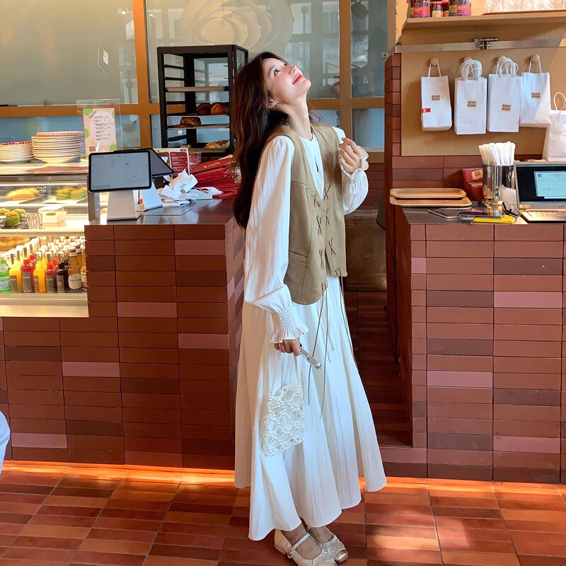 Peach Maternity Spring Vest Dress Set, Spring and Autumn Korean Style Loose French High-End Belly-Covering Dress