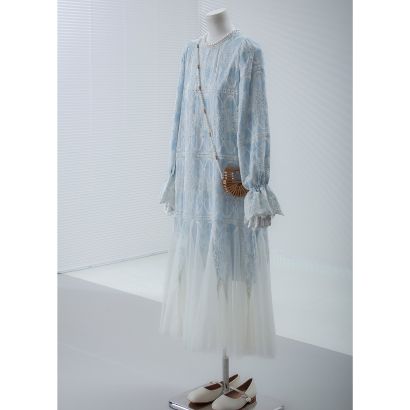 Pea Maternity Wear Spring Blue Embroidered Dress for Women 2026 Spring Loose-Fitting Belly-Covering High-End Dress