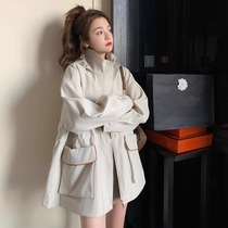 Pregnant womens spring white windbreaker jacket womens spring and autumn large size loose and fashionable spring belly-covering top for small people