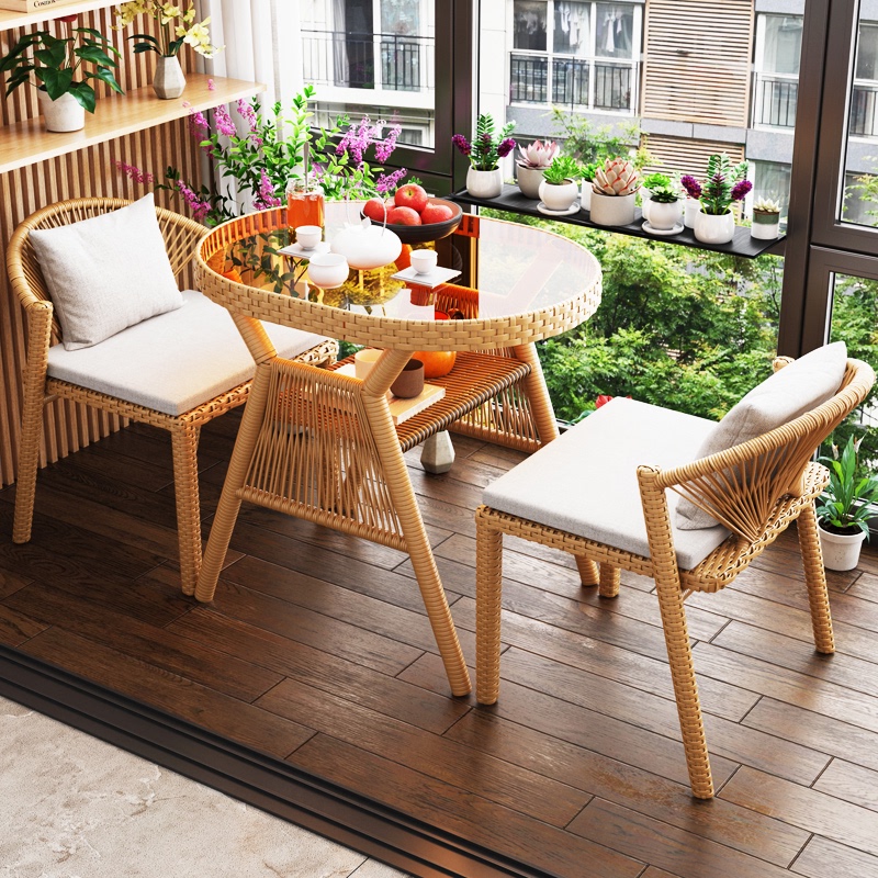 Balcony Tea Table and Chair Set, Small Tea Table for Small Apartments, Trendy Coffee Table, Three-Piece Set, Courtyard Rattan Chair, Leisure Tea Table