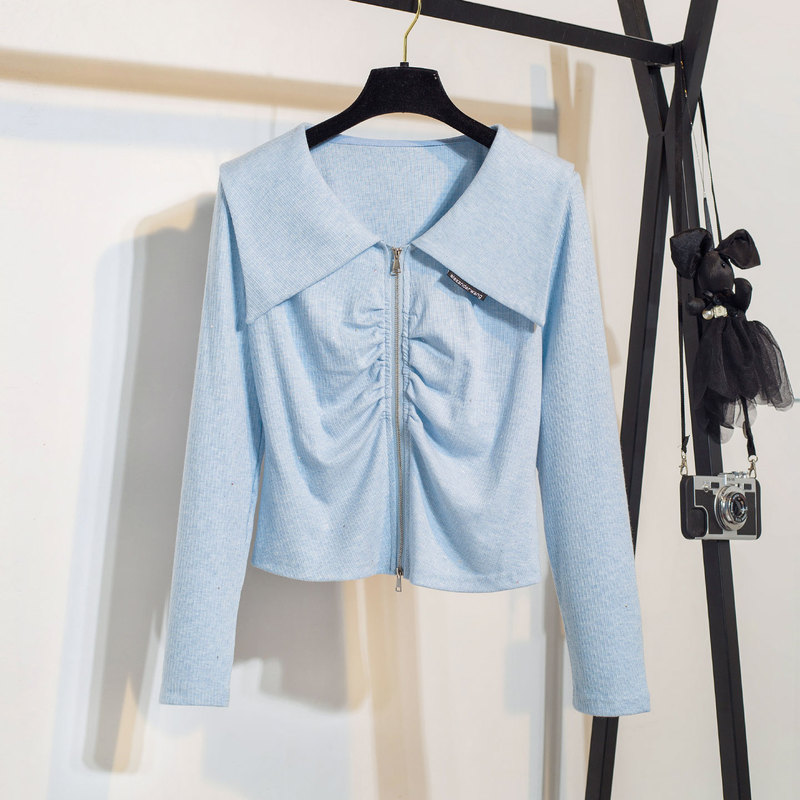 Miu Miu Style Knit Sweater for Women, Spring 2026 New Model, Can Be Worn as an Inner Layer or Outerwear, Thin Navy Collar Zip-Up Cardigan Top