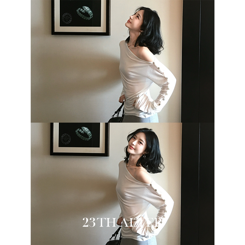 23Th Lyocell Korean Style White Asymmetrical Off-Shoulder Ruched Button-Up Asymmetrical Neckline Top Women's Off-Shoulder Long-Sleeve T-Shirt 23Th Lyocell Korean Style White Asymmetrical Off-Shoulder Ruched Button-Up Asymmetrical Neckline Top Women's Off-Shoulder Long-Sleeve T-Shirt