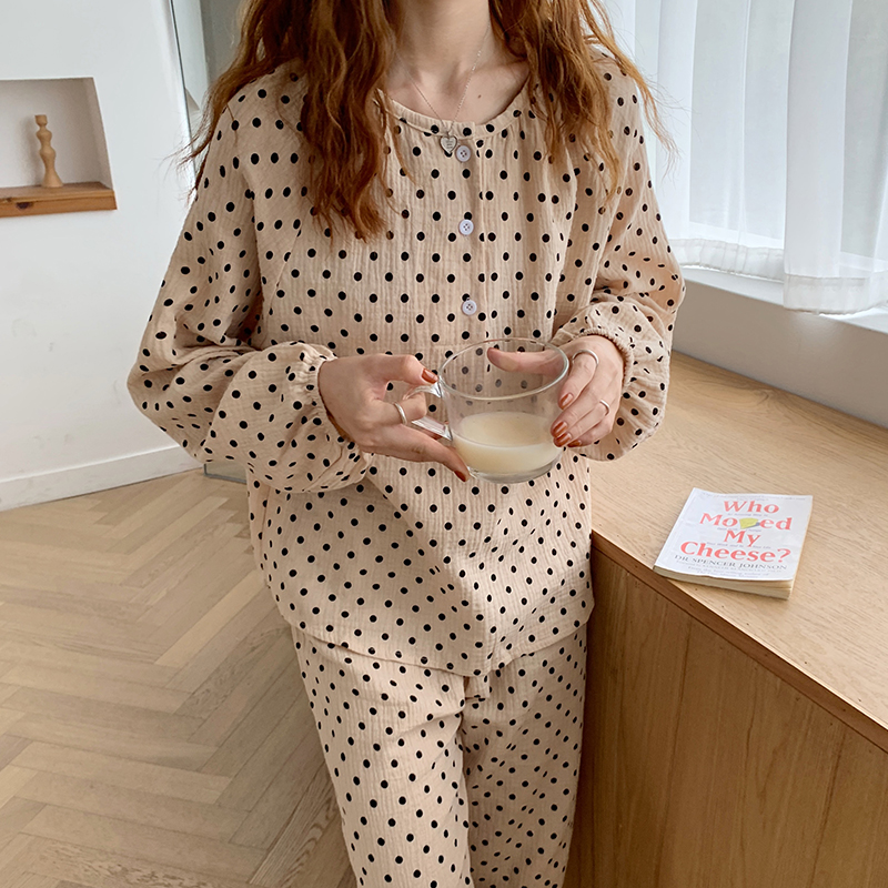 ins Han wind ~ pearl milk tea series sweet beauty wave point long sleeve pyjamas woman comfortable round collar home in two sets