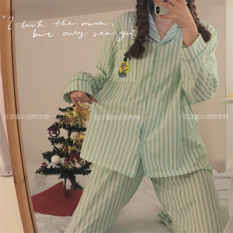 ins little fresher ~ day comic heroine striped sponge baby pie big stars sleep yi female cotton long sleeve couple suit