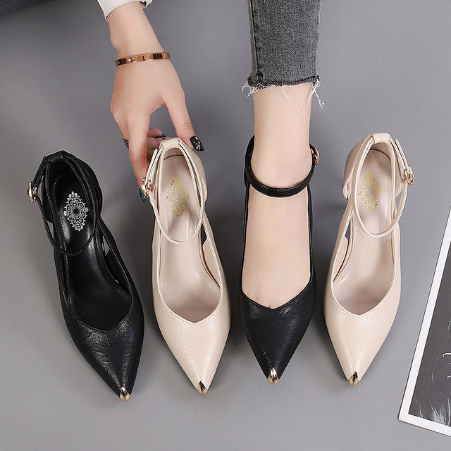 Roumanjia High Heels 2022 Spring and Autumn New Genuine Black Small Leather Shoes Stiletto Heel Work Shoes One-Buckle Single Shoes for Women