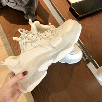 Head Layer Cow Leather ~ Transparent Air Cushion Genuine Leather Sneakers Women Mesh Yarn Breathable Thick Bottom Small White Shoes Casual Sneakers Women
