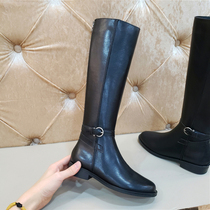 Leather flat bottom round boots Womens belt buckle back zipper Knight boots but knee high boots long boots knee-length boots