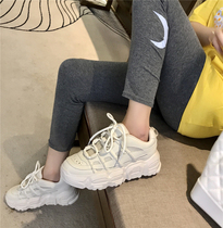 Summer new round head leather thick bottom father shoes womens lace mesh breathable pine bottom plate shoes casual shoes women tide