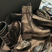 Cow leather version ~ Inron wind genuine leather coarse heel with Martin boots woman lace black short barrel knight rider boot female