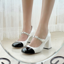 2021 spring new square head light mouth genuine leather straight belt pearl chain high heel shoes female Mary Jane shoes Single shoe