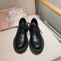 Leather British style lace up small leather shoes thick soled cowhide black leather shoes flat shoes single shoes casual shoes loafers women