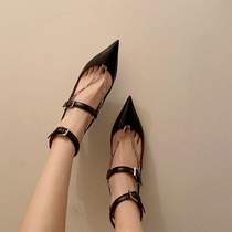 Summer new genuine leather custard word-strap high heel shoes female chain fairy wind cat heel sandal heel sandal