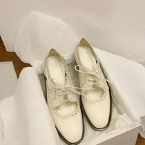 Inlen Wind New Genuine Leather Round Head Lacing Small Leather Shoes Burlock Hollowed-out Small White Shoes Neutral Shoes Flat Bottom Single Shoe Woman