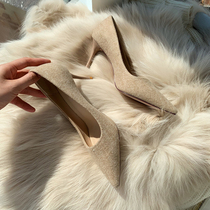 Pneumatic model ~ woolen pointed shallow leather high heels womens new heeled high heel single shoes wedding shoes bridesmaid shoes women