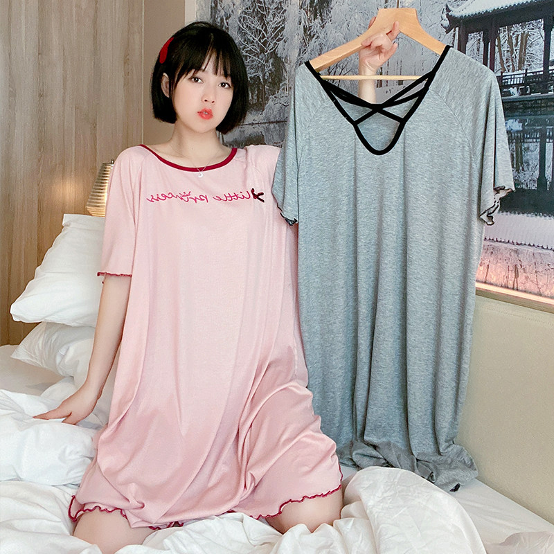 Letters with open-back short sleeping dress female summer Model fat mm pajamas thin sexy pregnant women's home suit