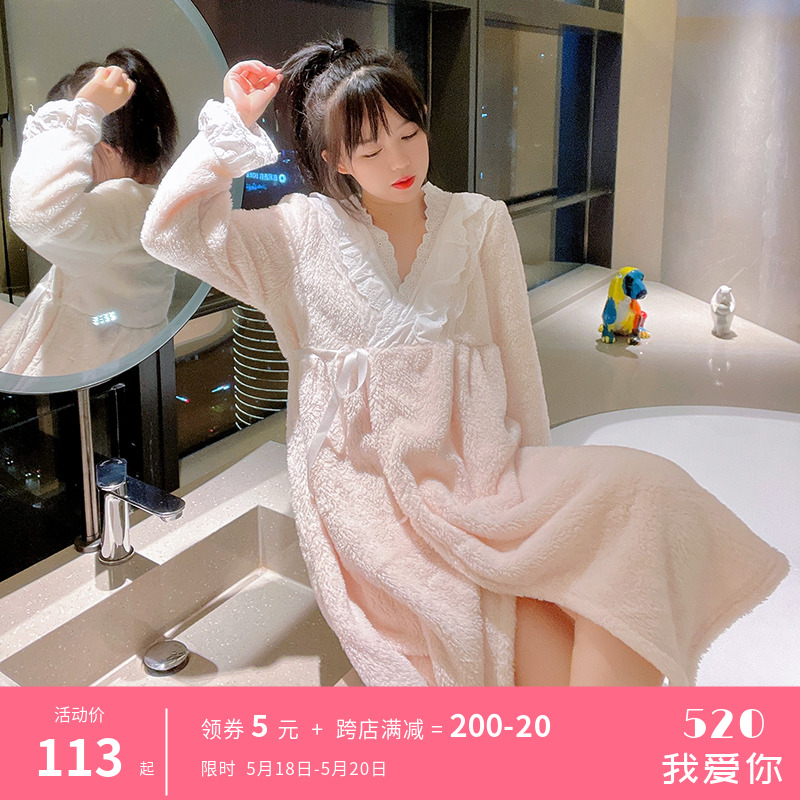 Princess Wind Style Coral Suede Sleeping Dress Woman Autumn Winter Long Sleeves Thickened plus suede Long version pyjamas pyjamas for pregnant women's stay-at-home clothes