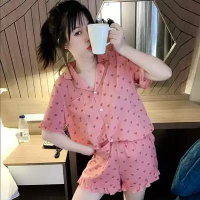 Love cardigan short-sleeved sweet pajamas female summer silk Japanese thin girl spring and autumn ins home clothing set