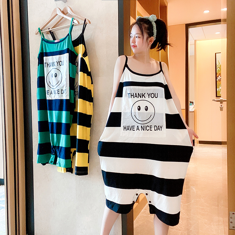 Smiley sling pajamas cute night dress women's summer loose cotton large size jumpsuit Pregnant women spring and autumn thin style home clothes