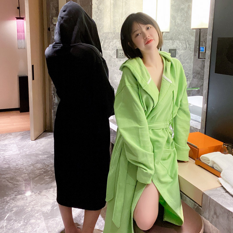 Pure color sex appeal belt cap lovers nightgown female autumn winter cotton long web celebrity hot style bathrobe male home clothes new trend