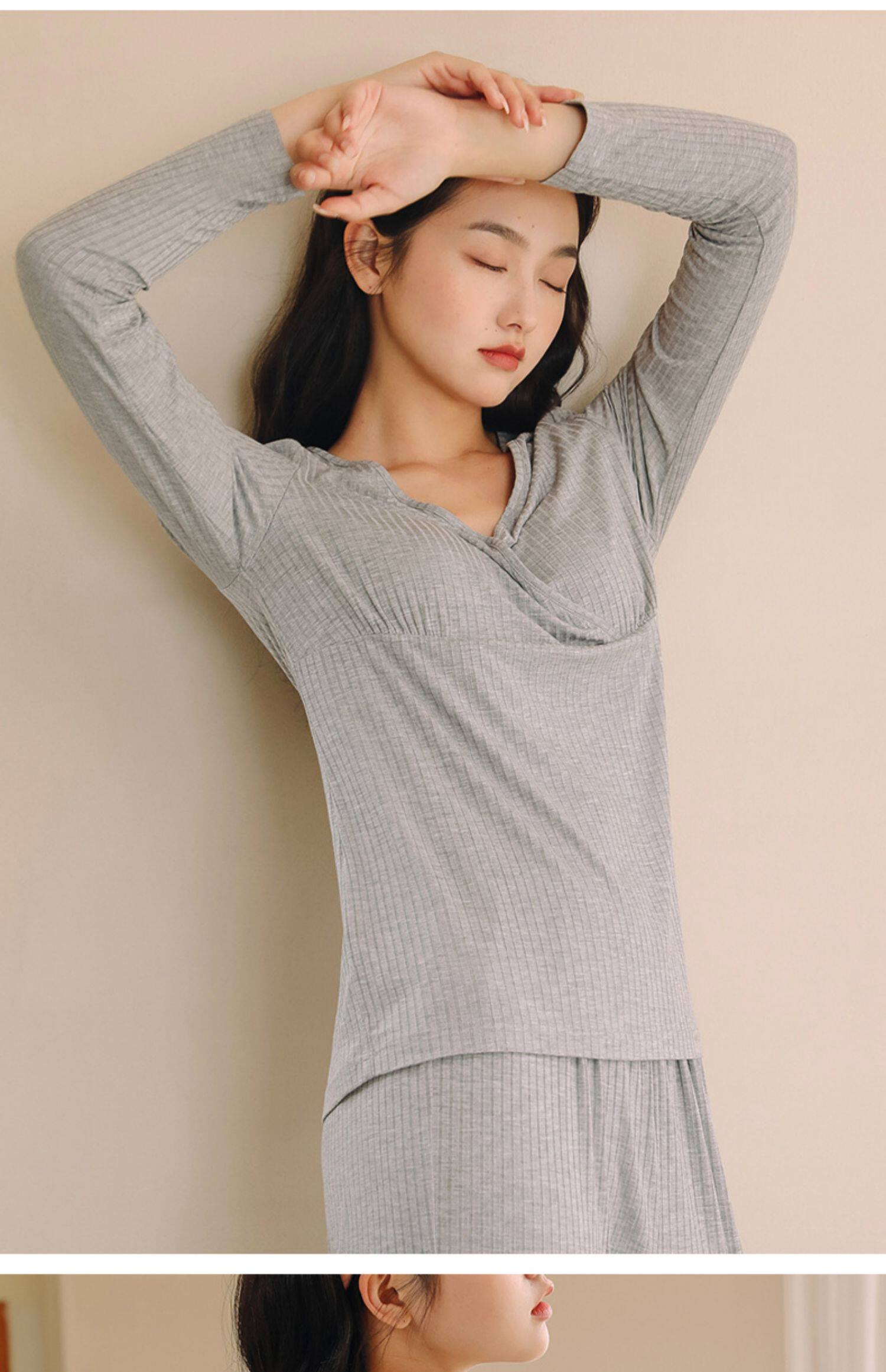 Одежда для отдыха 哺乳衣外出辣妈款哺乳上衣月子服喂奶打底衫春秋款夏季家居服套装 M degrees Korea
