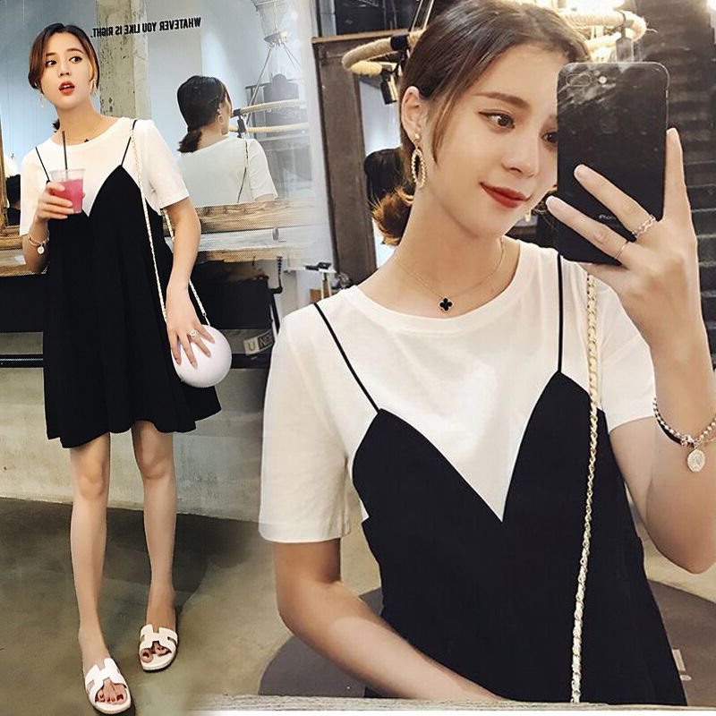 Going out for summer 2022 Fashion Tidal Spicy Moms Short Sleeves Splicing Fashion Fake Two Sets Gestation Women Dress Foreign Dress