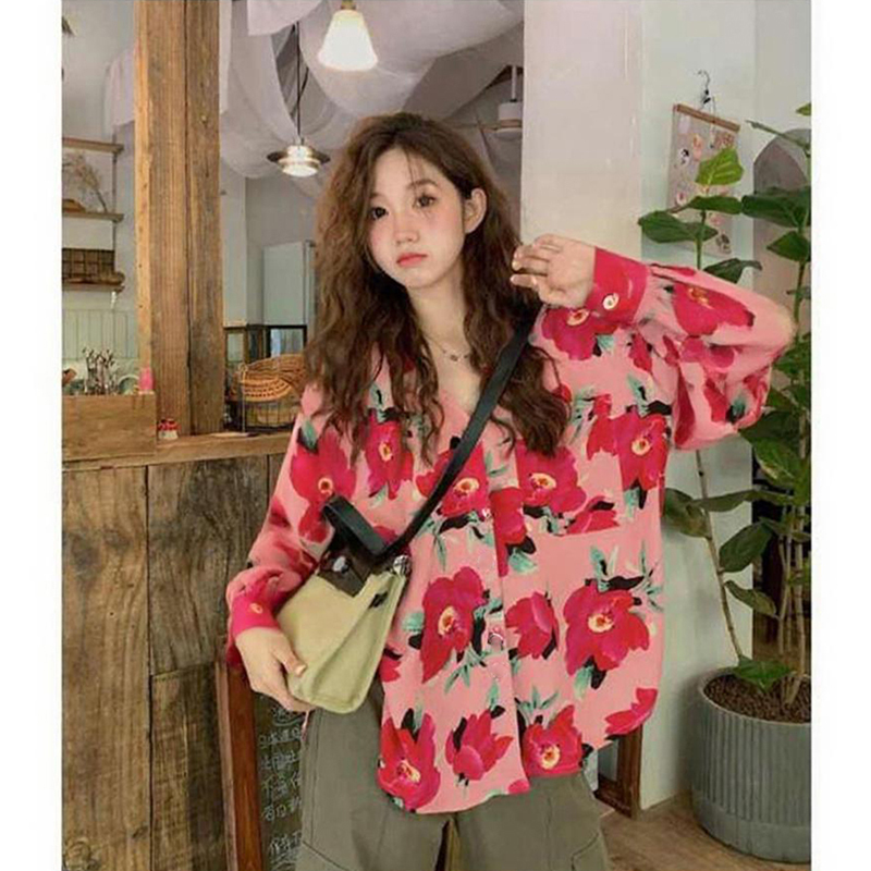 Spring and Summer Long-Sleeved Floral Shirt Plus Size 150kg for Plus-Size Women, Annual Party Dance Performance Outfit, Retro Hong Kong Style Shirt