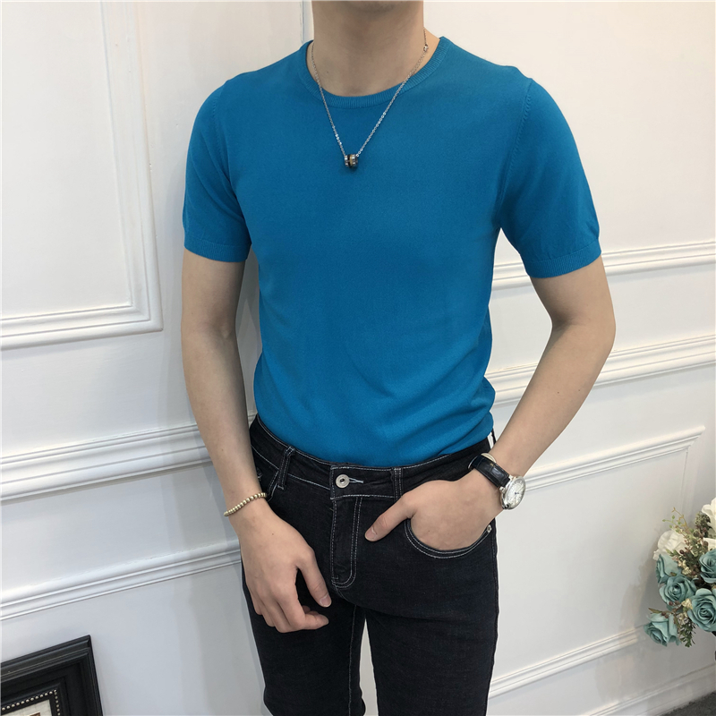 Jiemo mùa hè 10 màu băng lụa nửa tay áo đan ngắn tay T-Shirt nam thanh niên thoáng khí tự trồng căng đáy áo len triều